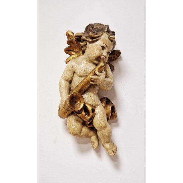 Winged Putto Playing the Wind Instrument Carved in Wood, Early 1900s For Sale - Image 17 of 17