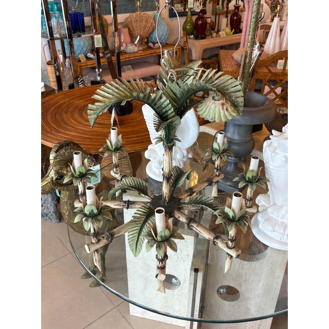 Metal Vintage Tole Metal Palm Beach Tree Leaf Leaves 8 Light Chandelier For Sale - Image 7 of 17