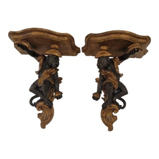 Baroque Carved Wood Pair Maitland Smith Monkey Shelfs With a Banana For Sale