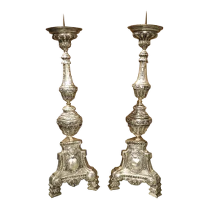 Pair of Tall 18th Century Silvered Brass Candlesticks From France