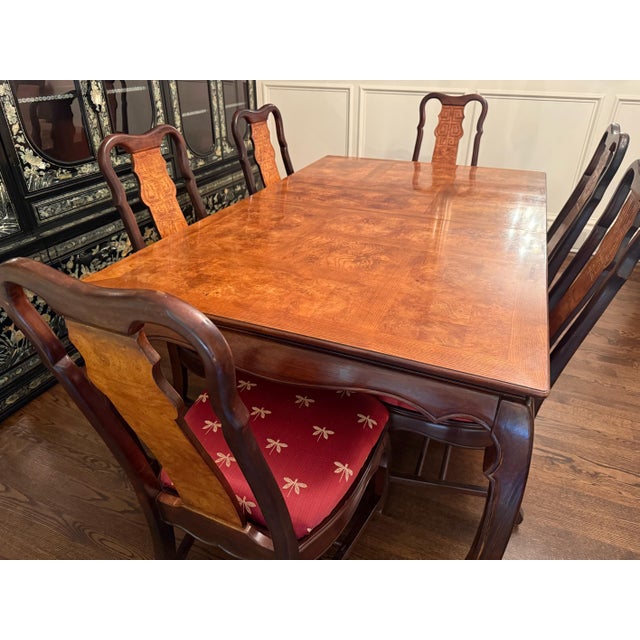 Ruby Red Vintage Asian-Inspired Burl Wood Dining Table & 6 Chairs Set For Sale - Image 8 of 8