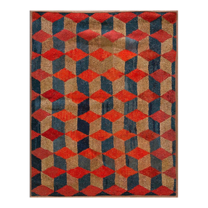 Small Size Happy Red Blue and Tan Color Geometric Tumbling Block Pattern Antique Early 20th Century American Hooked Folk Art Rug