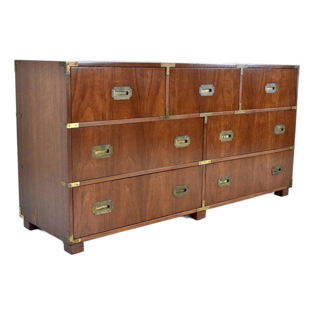 Baker Furniture Signed Campaign Seven Drawer Dresser Chest of Drawers 1950s For Sale