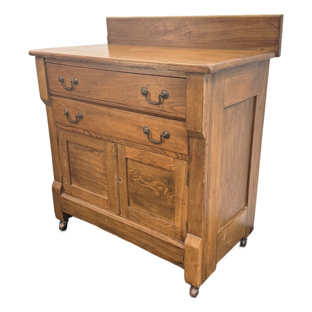 Oak Washstand/Server Cabinet +Casters, Antique For Sale