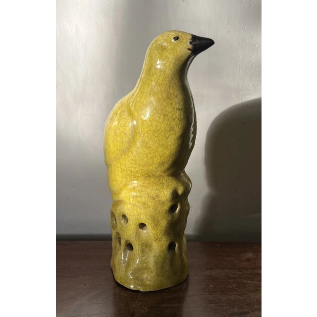 Yellow Antique 19th Century Chinese Export Porcelain Bird Figure of a Quail or Dove in Bright Yellow Glaze Standing on Rock Work For Sale - Image 8 of 12