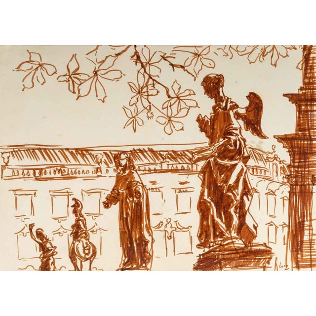 Ochre felt-tip drawing by Luez, 20th century, representing a series of statues, framed under glass. Measures: H: 33 cm, W:...