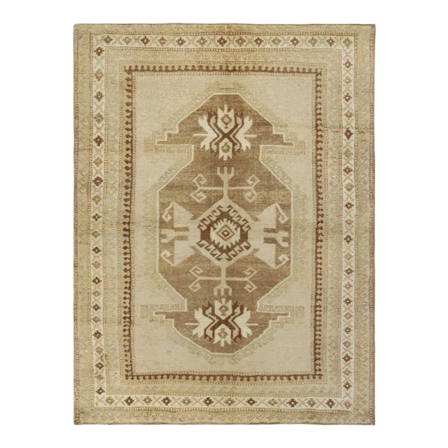 Hand-Knotted Vintage Turkish Kars Rug in a Beige-Brown, White Medallion Pattern For Sale