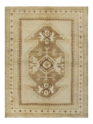 Hand-Knotted Vintage Turkish Kars Rug in a Beige-Brown, White Medallion Pattern