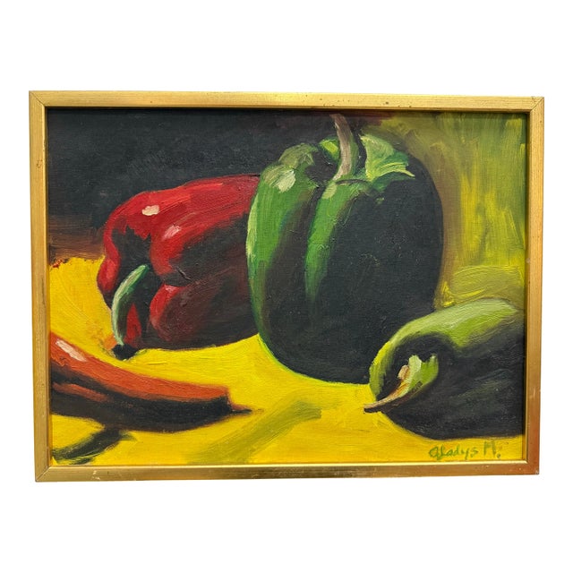Vintage Still Life With Peppers Oil on Board Signed For Sale