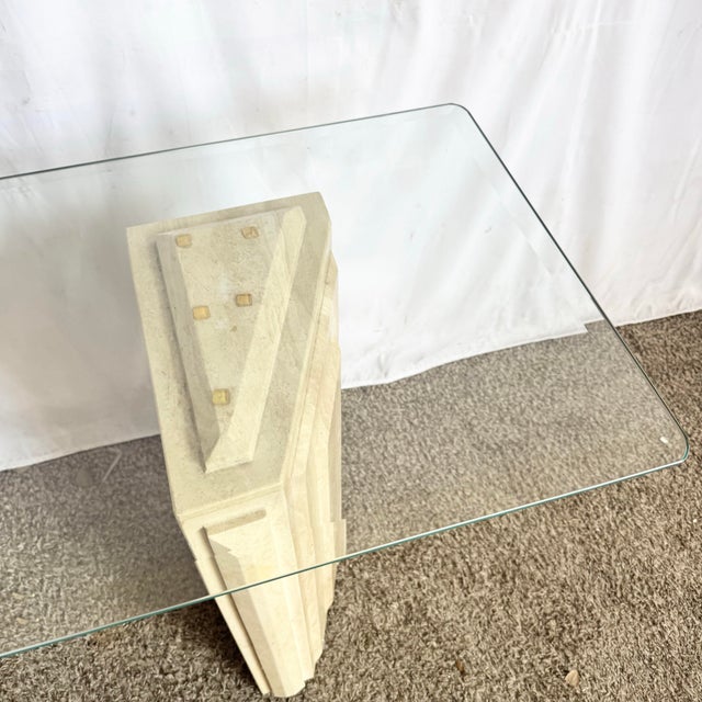 Glass Vintage Glass Top Travertine Pedestal Console Table For Sale - Image 7 of 12