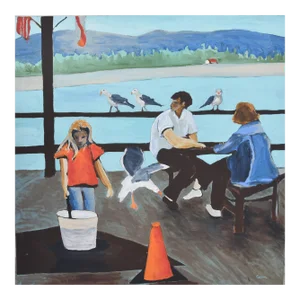 Coastal Pier W/People, Seagulls With an Ocean and Sandy Beach Landscape in Background Oil Painting
