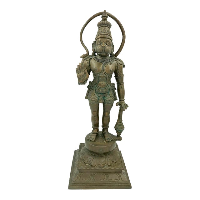 Mid Century Chola Style Revival Hanuman Bronze Statue Hindu Ramayana India South Indian Vintage For Sale