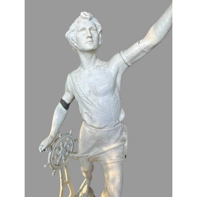 Antique Victorian Cast Metal 29" Figural Statue Sculpture in an old white painted finish attached to a sculpted wooden...