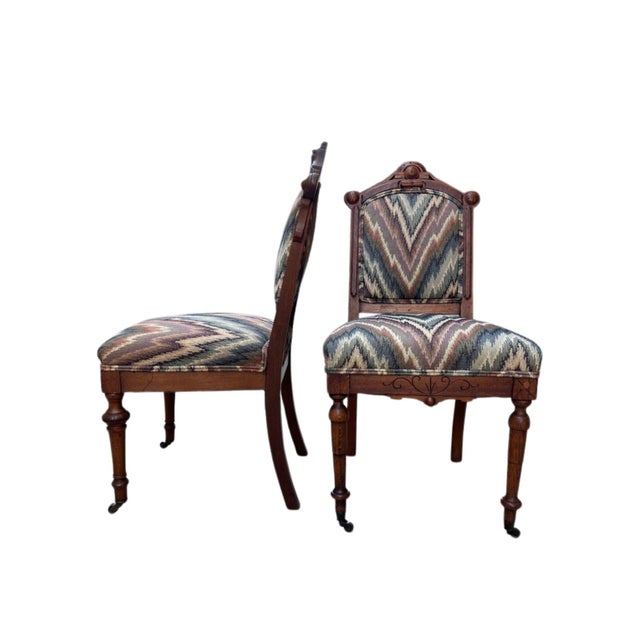 19th Century Eastlake Walnut Hall Chairs With Bargello Upholstery, Set of 2 For Sale - Image 12 of 15