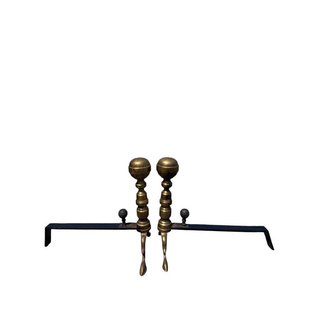 Art Deco Antique Brass Ball Finial Fireplace Andirons Fire Dogs Pair Early 1900s For Sale - Image 3 of 18