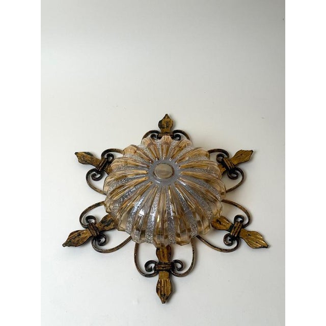 German Gilt Wrought Iron and Textured Glass Flush Mount, 1970s For Sale - Image 12 of 13