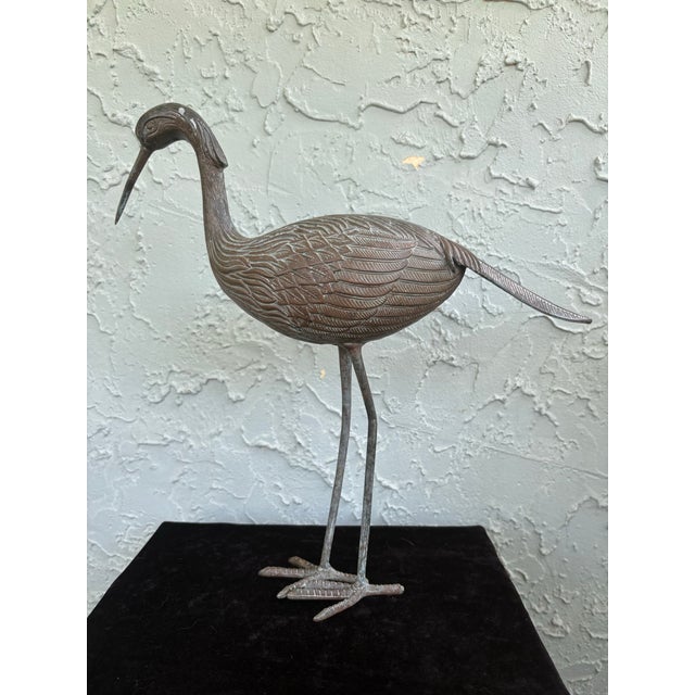 Pair of Vintage Bronze Patina Crane Sculptures in Complementary Poses For Sale - Image 4 of 12