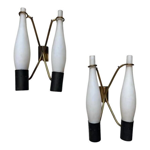 Two 1950s Stilnovo Style Mid-Century Modern Brass and Glass Wall Sconces For Sale