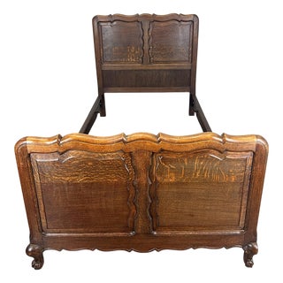 Vintage French Louis XVI Style Oak Single Bed Frame with Carved Headboard For Sale