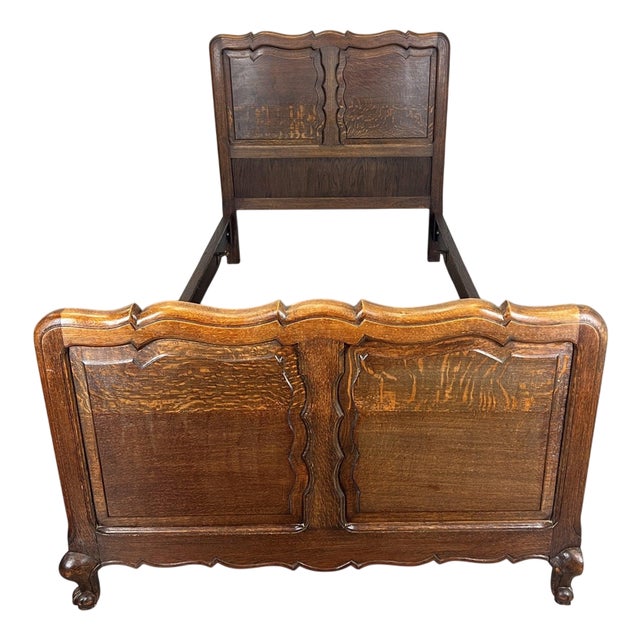 Vintage French Louis XVI Style Oak Single Bed Frame with Carved Headboard For Sale