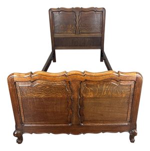 Vintage French Louis XVI Style Oak Single Bed Frame with Carved Headboard