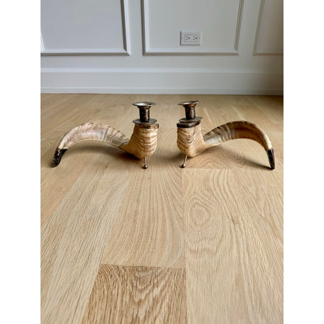 Contemporary Vintage Organic Modern Ram’s Horn Candlesticks With Silvered Brass Mounts – Pair For Sale - Image 3 of 12
