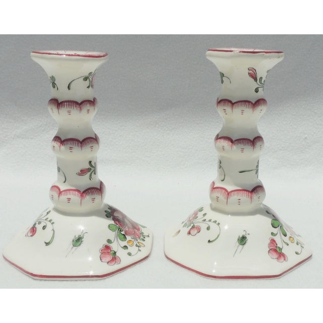 French Pair Antique French Faience Pink & White Rose Candlesticks Candle Holders For Sale - Image 3 of 9