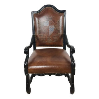 Ferguson Copeland European Country Carved Wood & Leather Crest Armchair For Sale