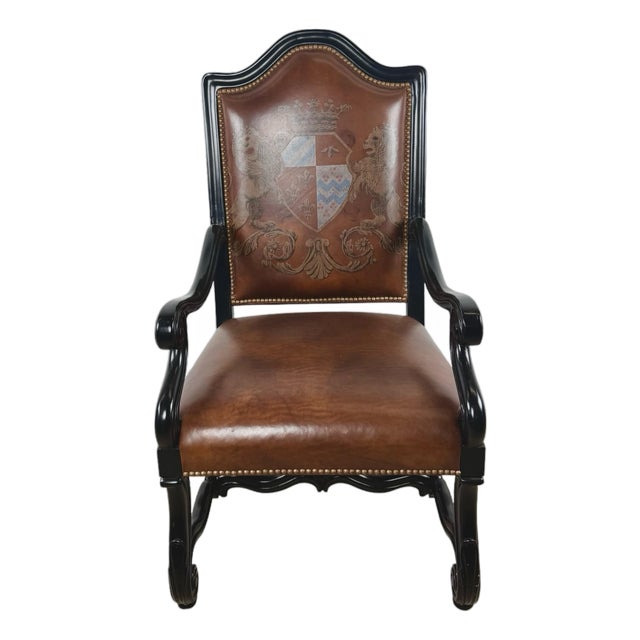 Ferguson Copeland European Country Carved Wood & Leather Crest Armchair For Sale
