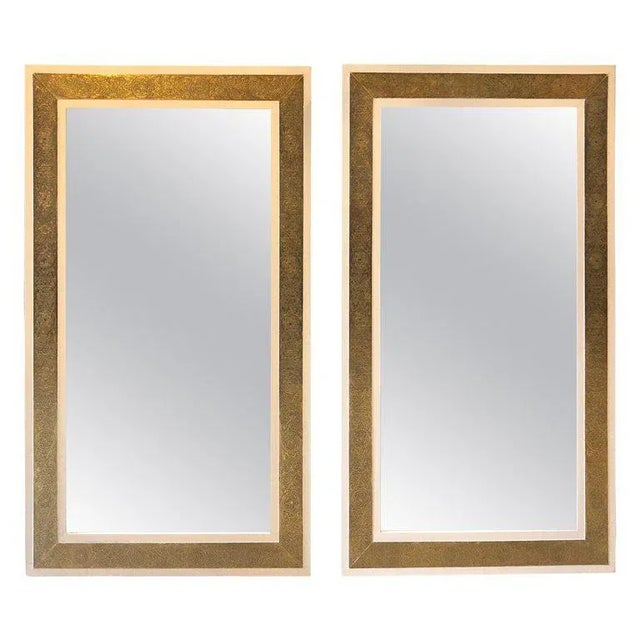 Hollywood Regency Brass on Wood Frame in White Wall Mirror, a Pair For Sale - Image 9 of 9