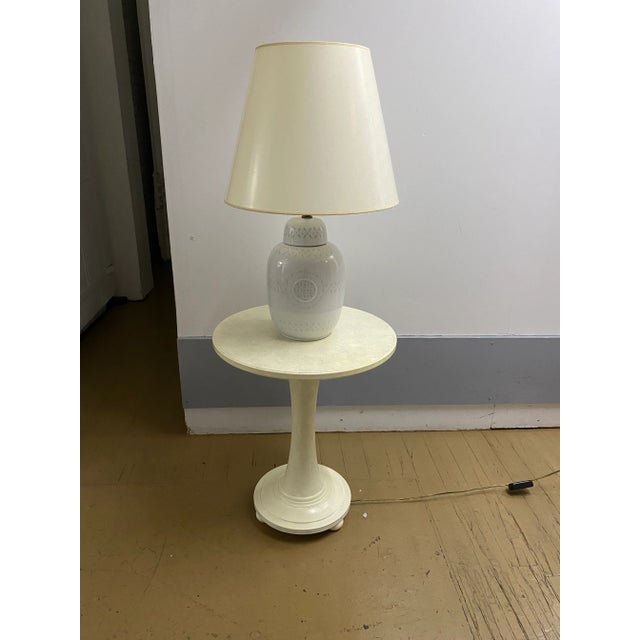 1970's Celadon Lamp and White Pedestal Table For Sale - Image 13 of 13