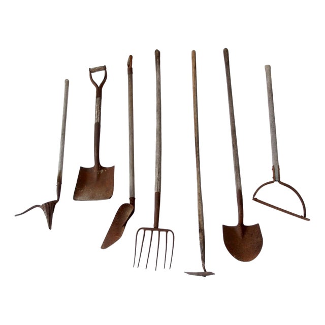 Antique Primitive Garden Tool Collection - 7 Piece For Sale