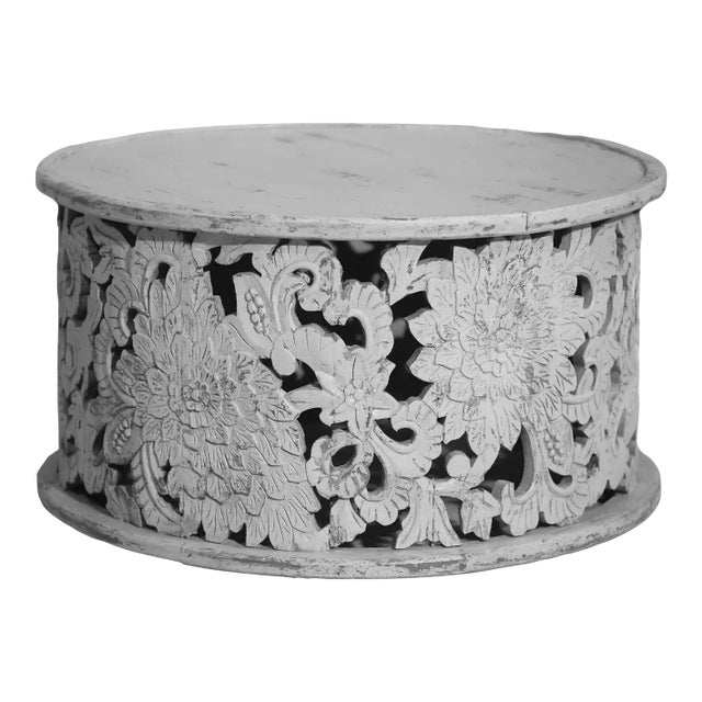 Handmade Hand Carved Distressed White Coffee Table For Sale