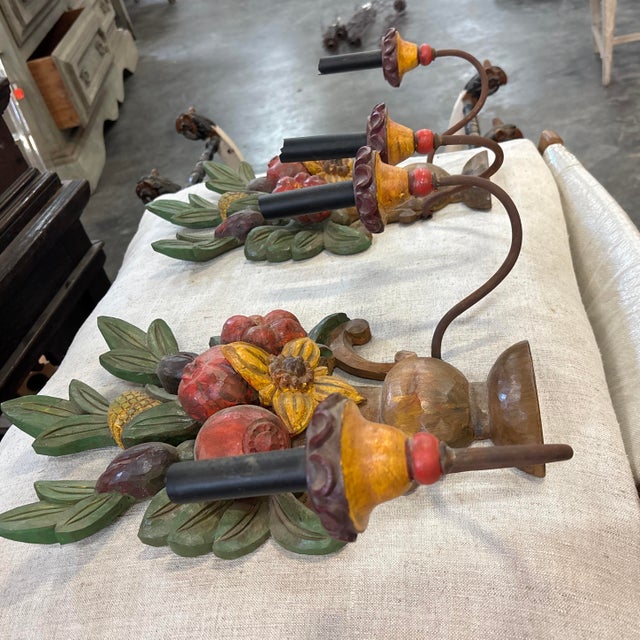 Green Pair of Carved Wood Fruit Basket Wall Sconces For Sale - Image 8 of 12