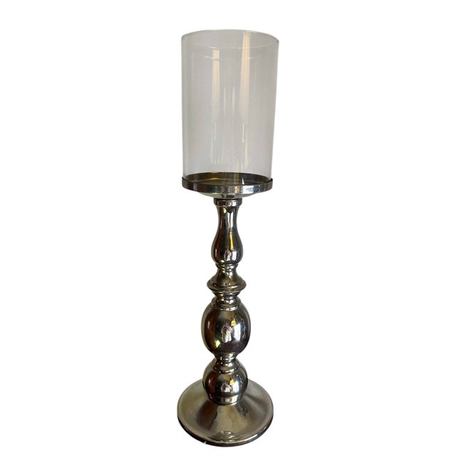 Early 21st Century Vintage Towle Chrome-Plated Metal Candle Holders With Hurricane Glass Shades - A Set of 3 For Sale - Image 5 of 12