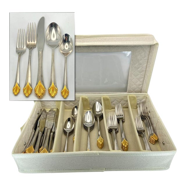 Yamazaki "Monique Gold" Gold Accent Stainless Flatware Set - 61 Pieces (Service for 12 With Storage Case) Vintage 1980's/1990's For Sale