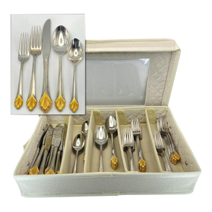 Yamazaki "Monique Gold" Gold Accent Stainless Flatware Set - 61 Pieces (Service for 12 With Storage Case) Vintage 1980's/1990's