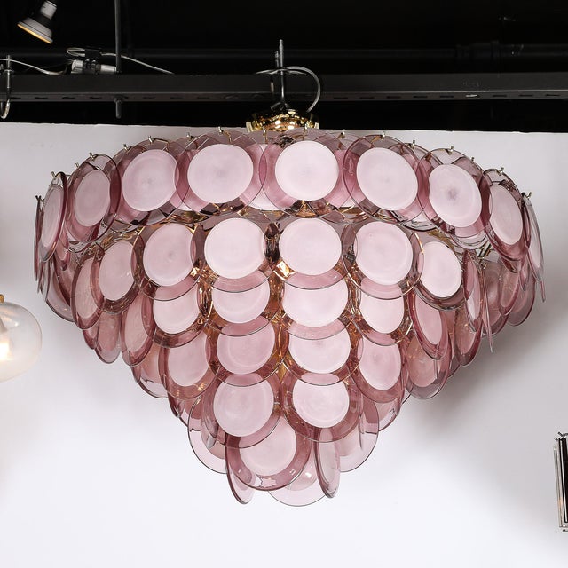 Modern Modernist Hand-Blown Smoked Amethyst Murano & Brass 6-Tier Disc Chandelier For Sale - Image 3 of 12