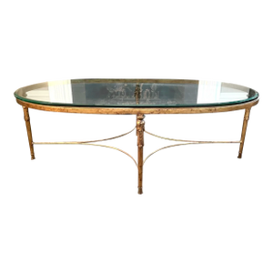 Vintage Oval Gilded Iron and Glass Top Coffee Table Attributed to Minton-Spidell