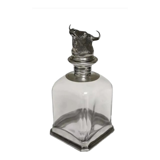 Longhorn Bull Head Pewter and Glass Decanter For Sale