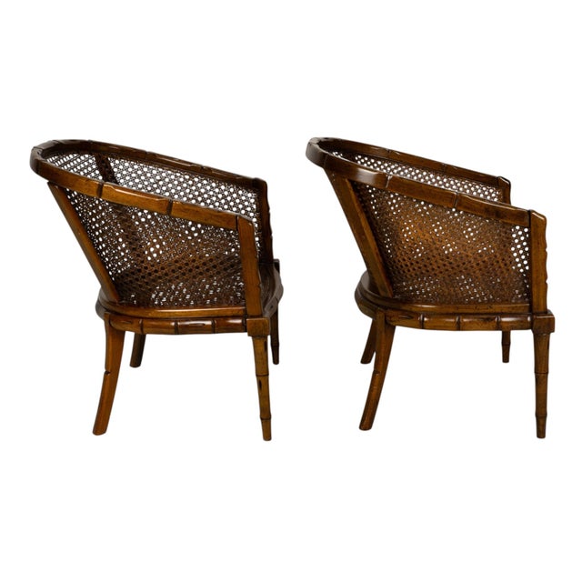 Brown Pair Vintage Faux Bamboo Cane Barrel Chairs Hollywood Regency For Sale - Image 8 of 18