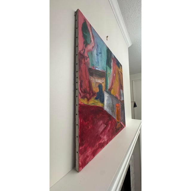 Vintage Monumental Abstract Modern Expressionism Still Life Original Oil Painting, Maroon, Mustard, Blue For Sale - Image 4 of 12