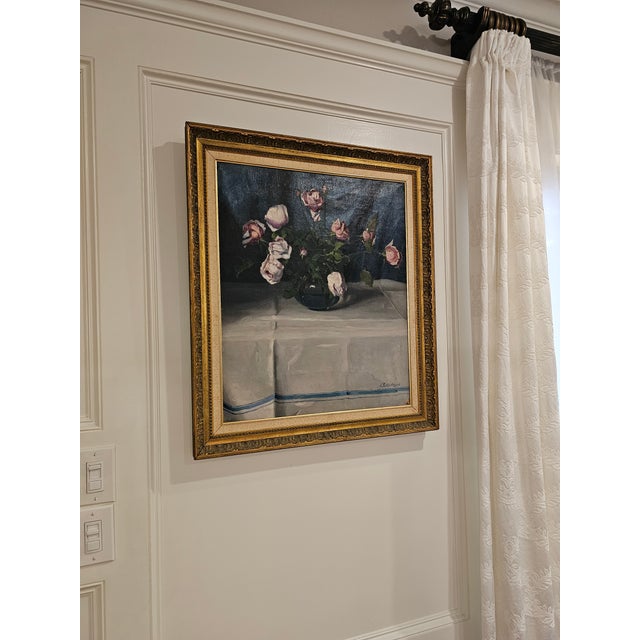 Absolutely stunning still life by Pentelei-Molnar. This antique oil on canvas from the turn of the century era rests in a...