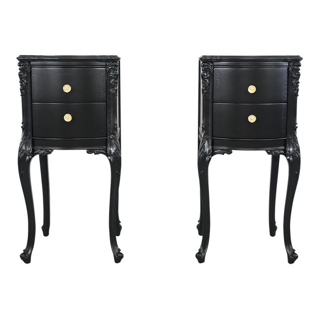 Antique French Rococo Style Black Lacquered Nightstands, a Pair For Sale