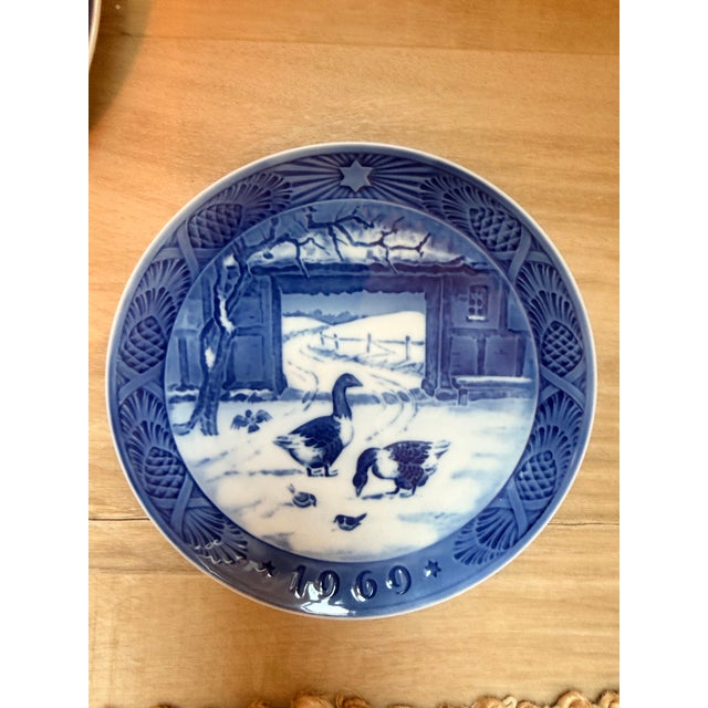 Mid-Century Modern Pair of Vintage Royal Copenhagen Annual Christmas Plates, 1969 & 1972 Danish Blue & White Porcelain Wall Plates For Sale - Image 3 of 11