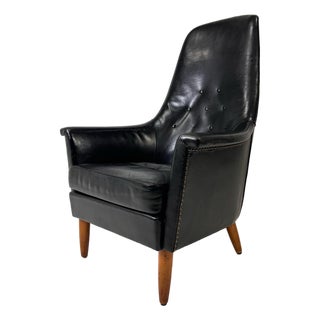 Mid-Century Scandinavian Modern Black Leather High-Back Lounge Chair For Sale