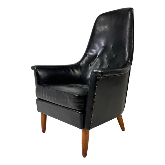 Mid-Century Scandinavian Modern Black Leather High-Back Lounge Chair For Sale