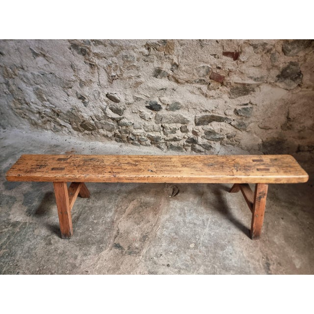 Antique Wooden Bench with Pine Seat and Chestnut Base, 1890s For Sale - Image 10 of 11
