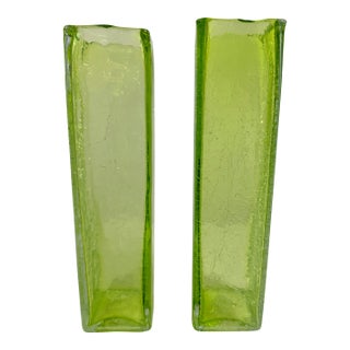 Art Glass MCM Vibrant Green Vintage Crackle Finish Rectangular 10" Vases-Pair! For Sale