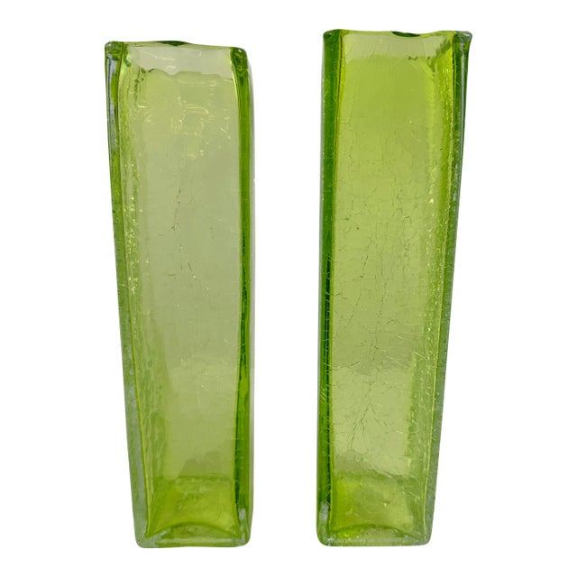 Art Glass MCM Vibrant Green Vintage Crackle Finish Rectangular 10" Vases-Pair! For Sale